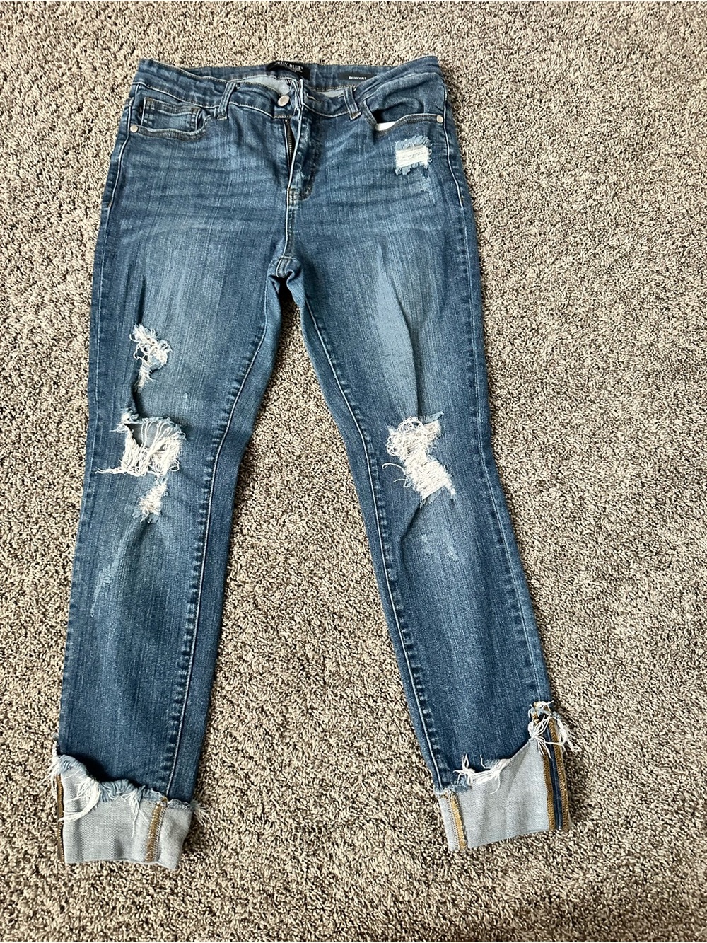 Judy Blue Medium Blue Distressed Boyfriend Jeans with Cuffed Hem